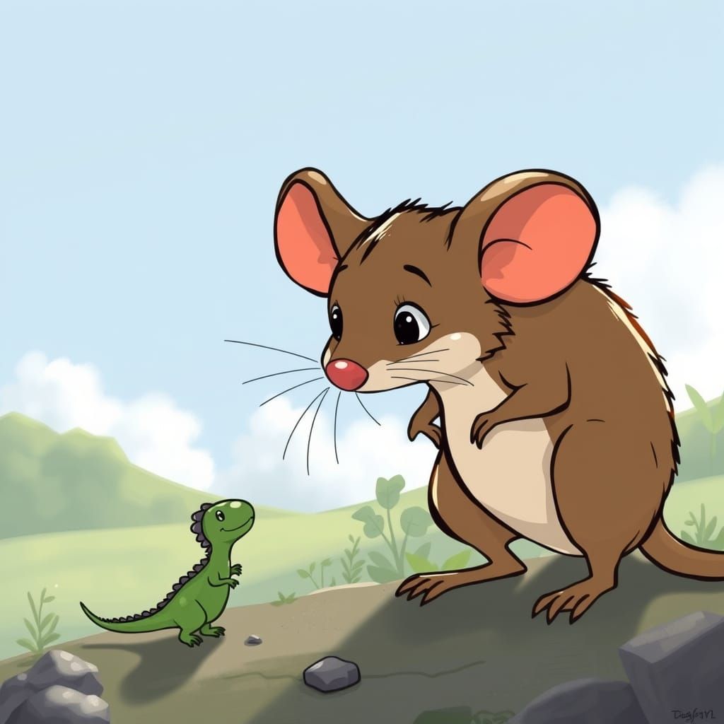 Giant Cartoon Mouse Dwarfs Tiny Dinosaur
