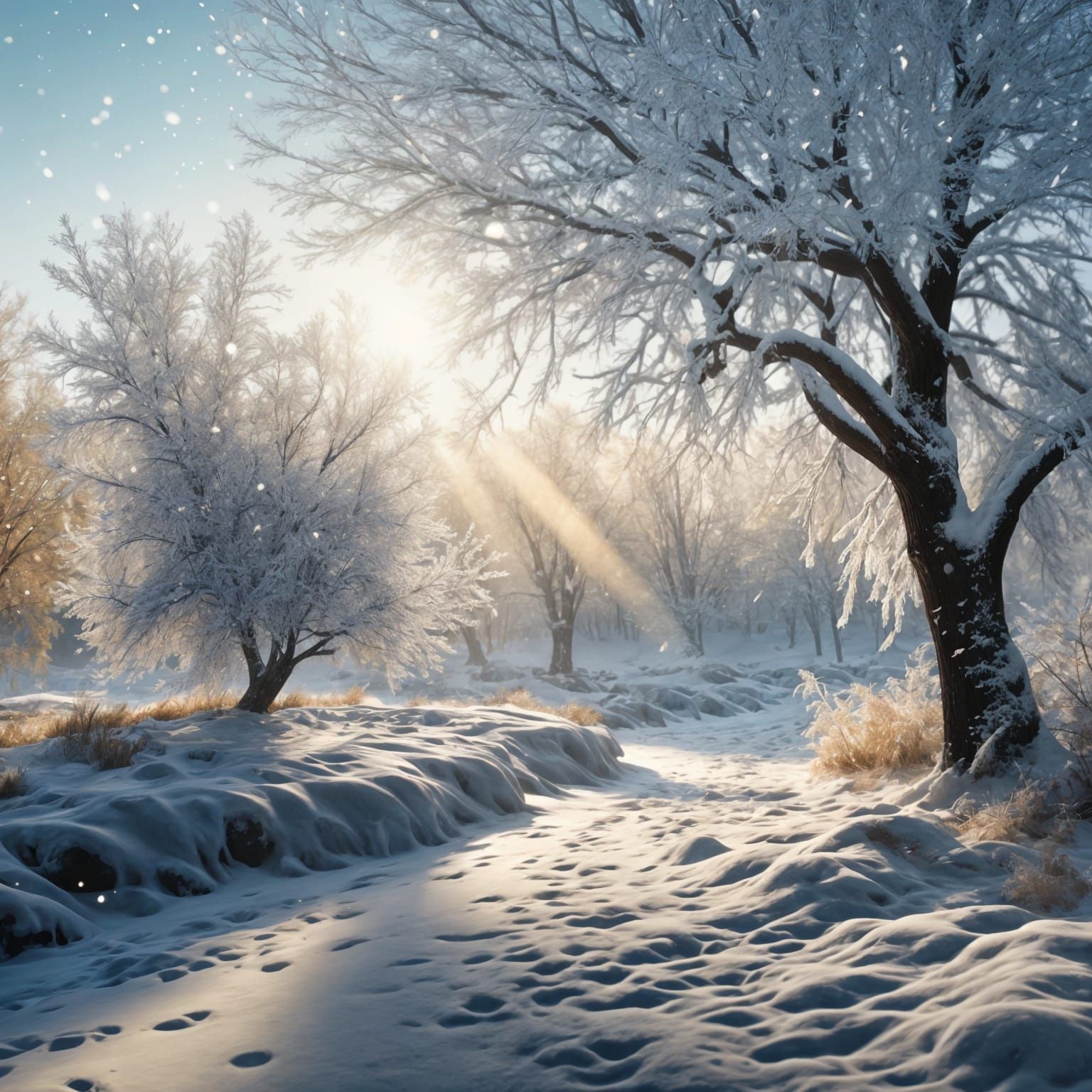 Winter Landscape with Snowflakes in Motion