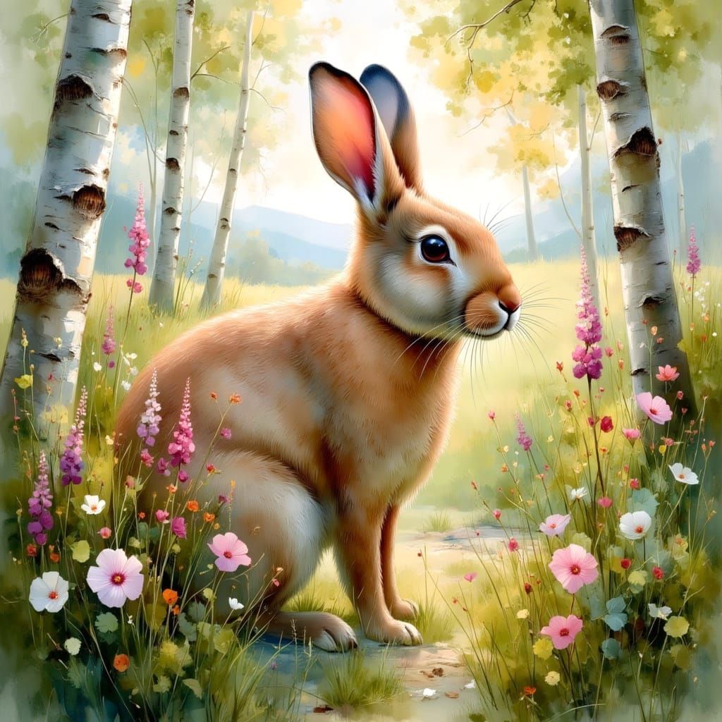 Detailed Hare in Spring Meadow, Oil Painting Style