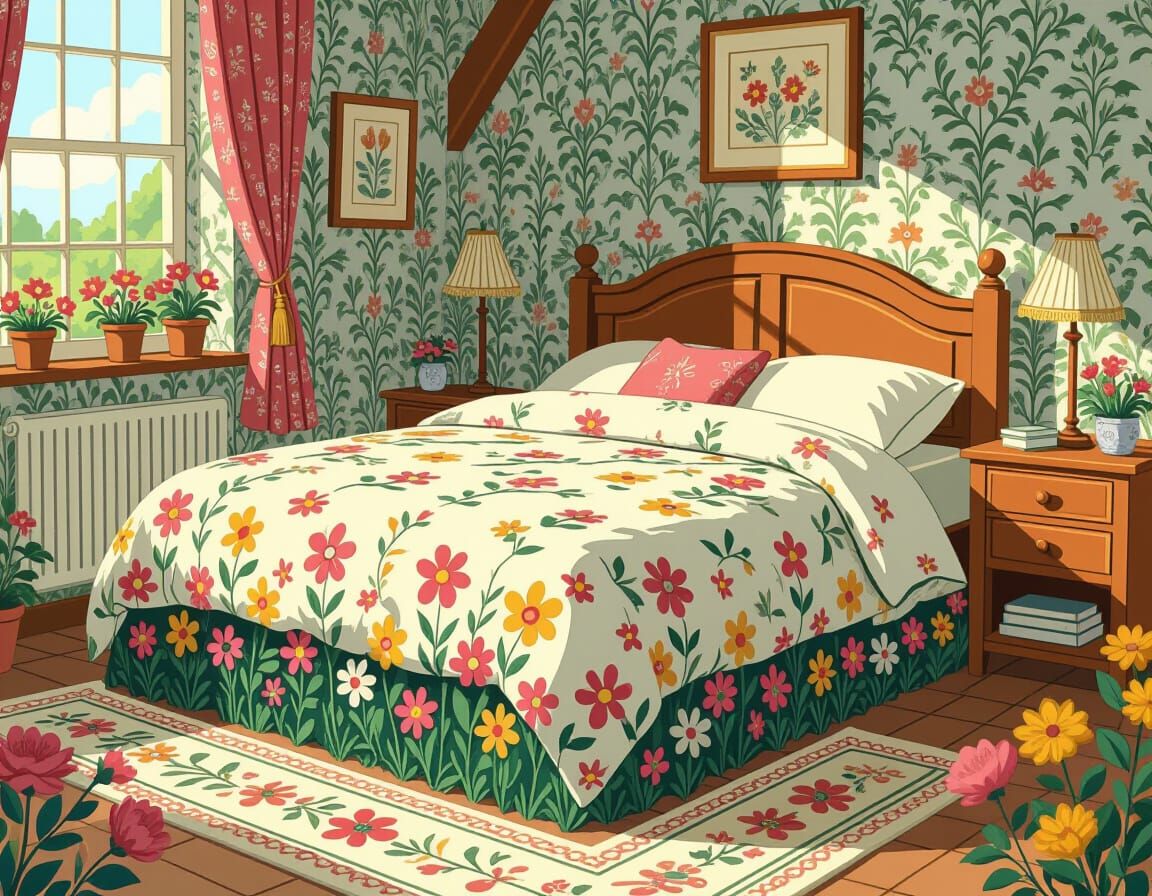 Whimsical Bed with Flowers Cartoon Style
