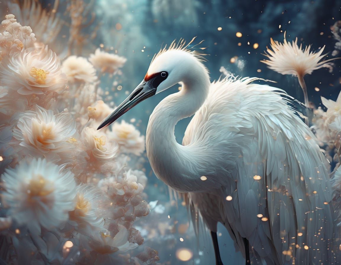 Ethereal Crane with Bioluminescent Flowers