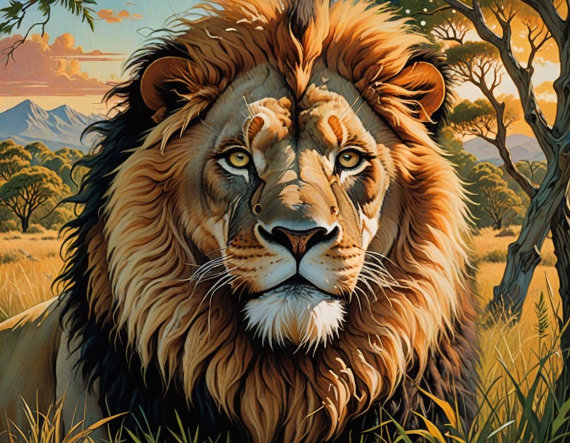 Regal Lion's Portrait in Vibrant Savannah Landscape