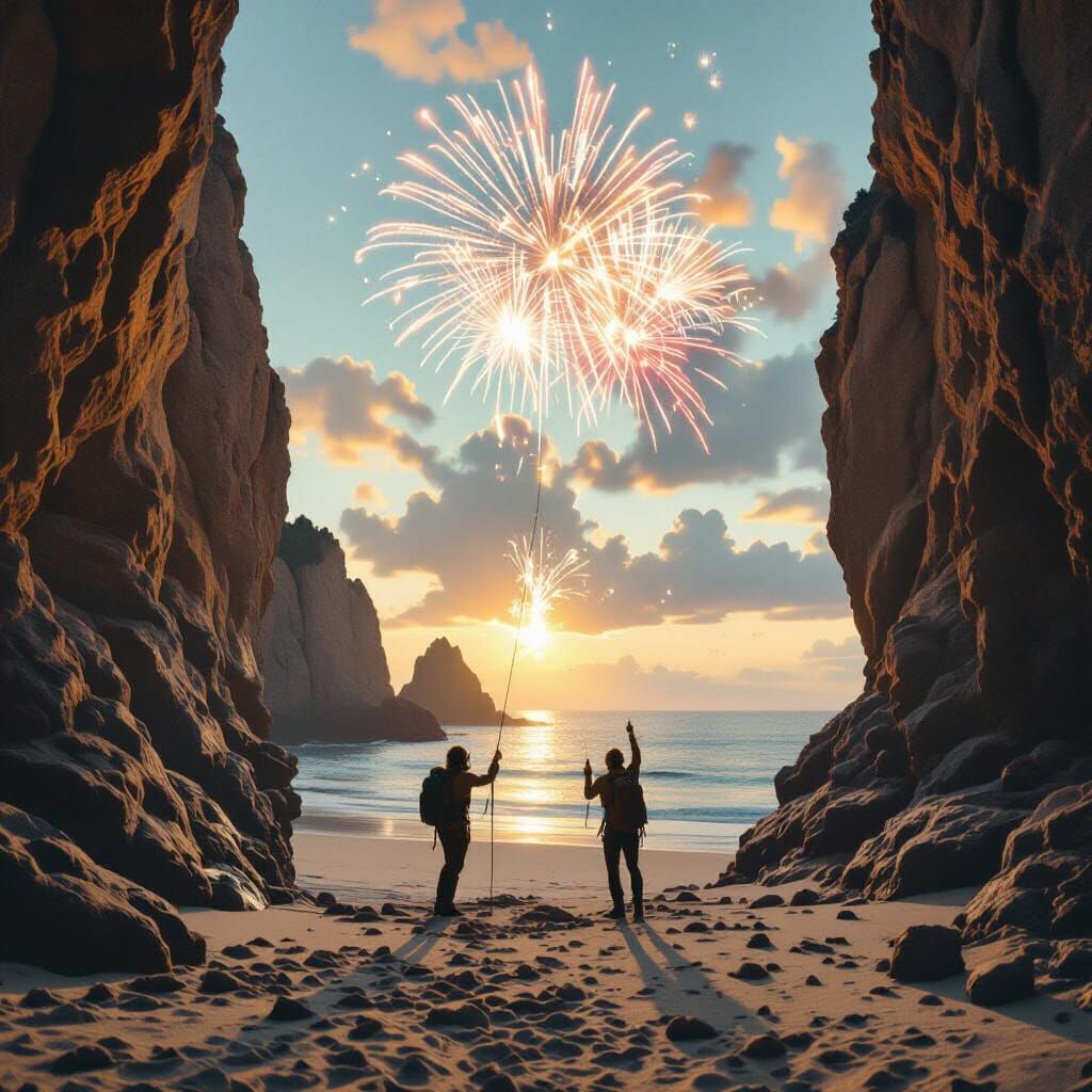 Climbers Ascend Cliffs as Fireworks Light Beach Scene