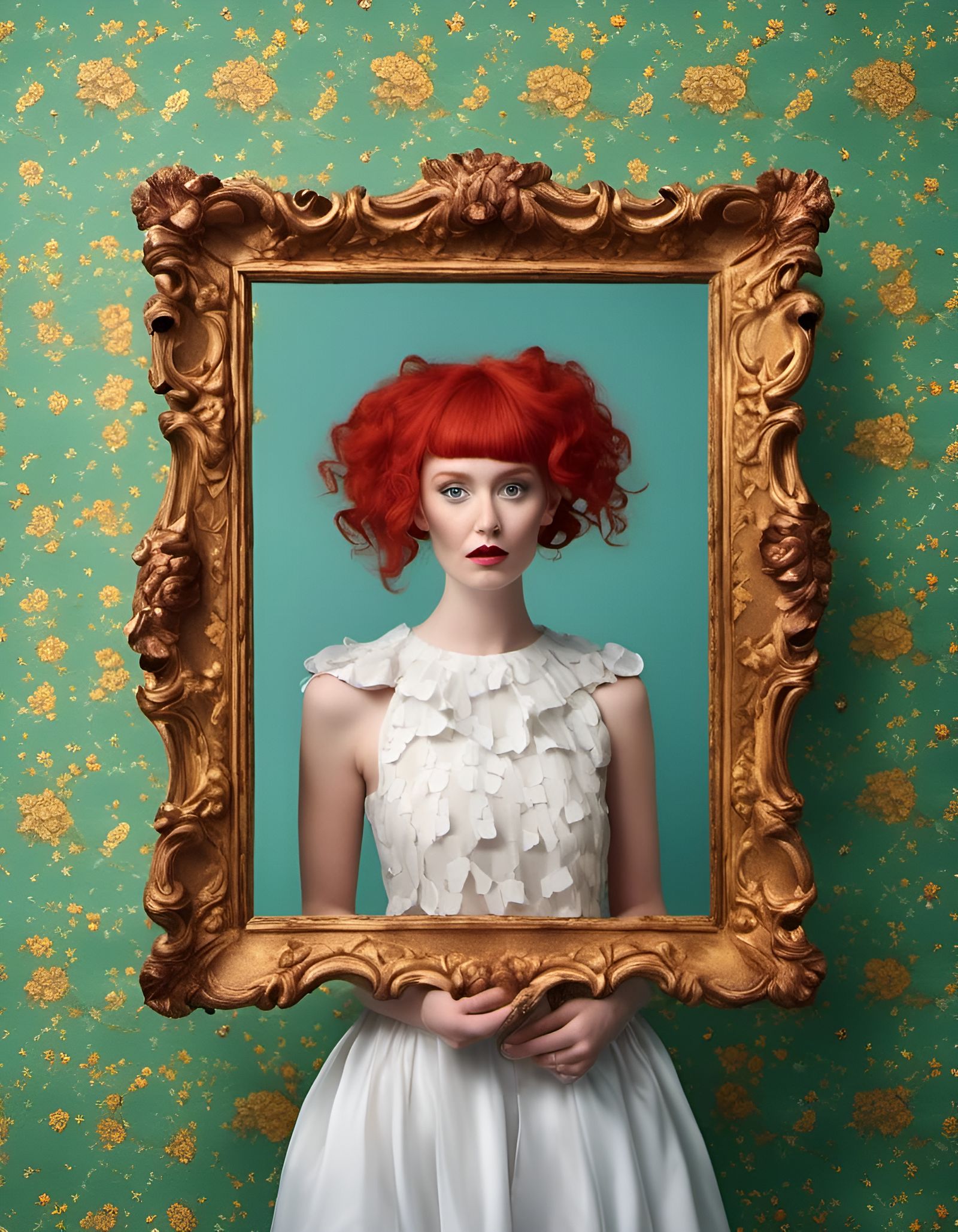 Woman with Red Hair Posing Behind Picture Frame