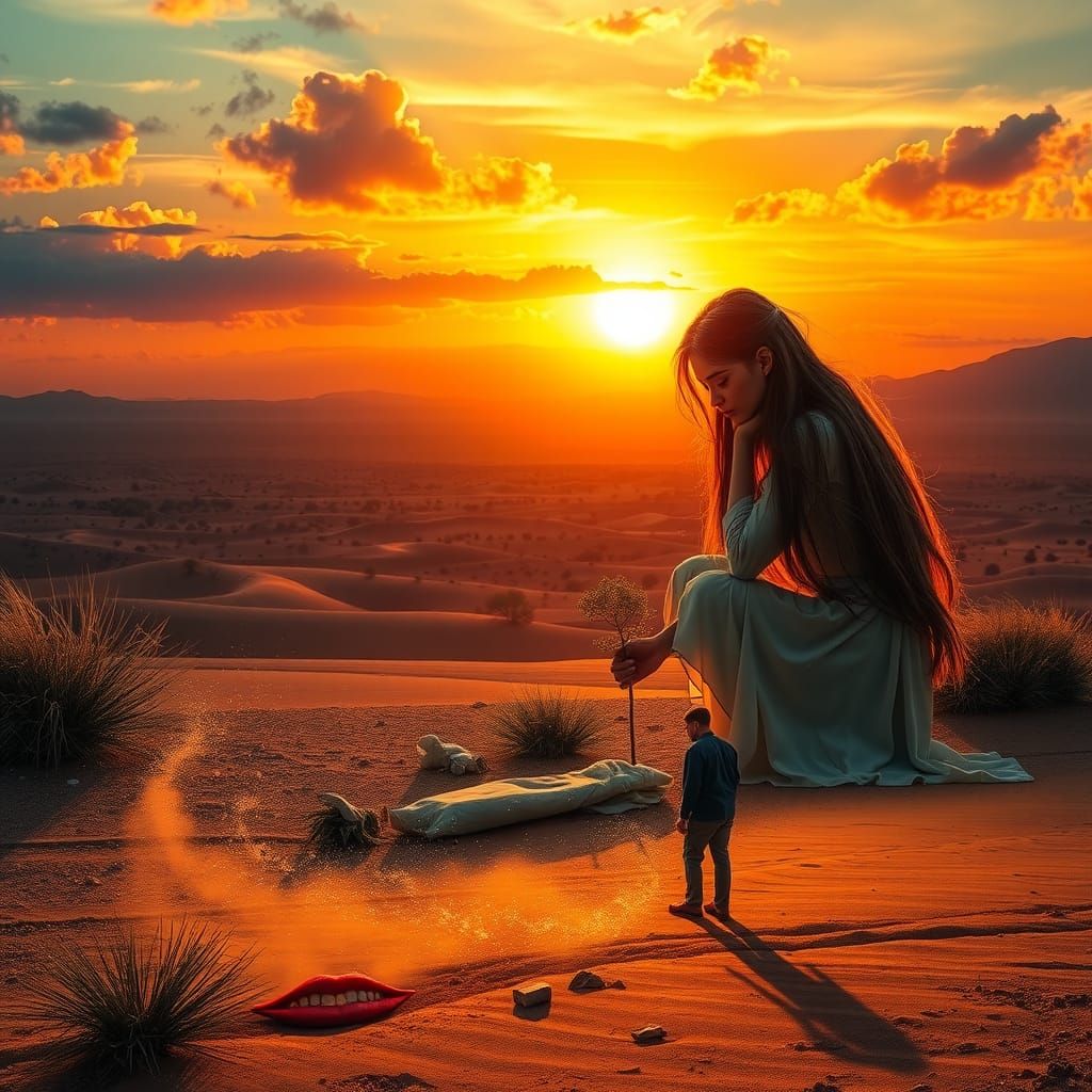 Woman and Mythical Plant at Sunset: Digital Art