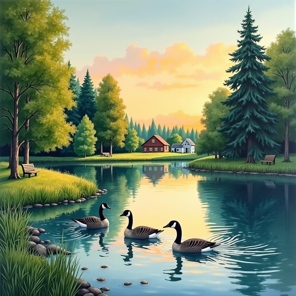 Idyllic Pond Scene in Gouache Watercolor Style
