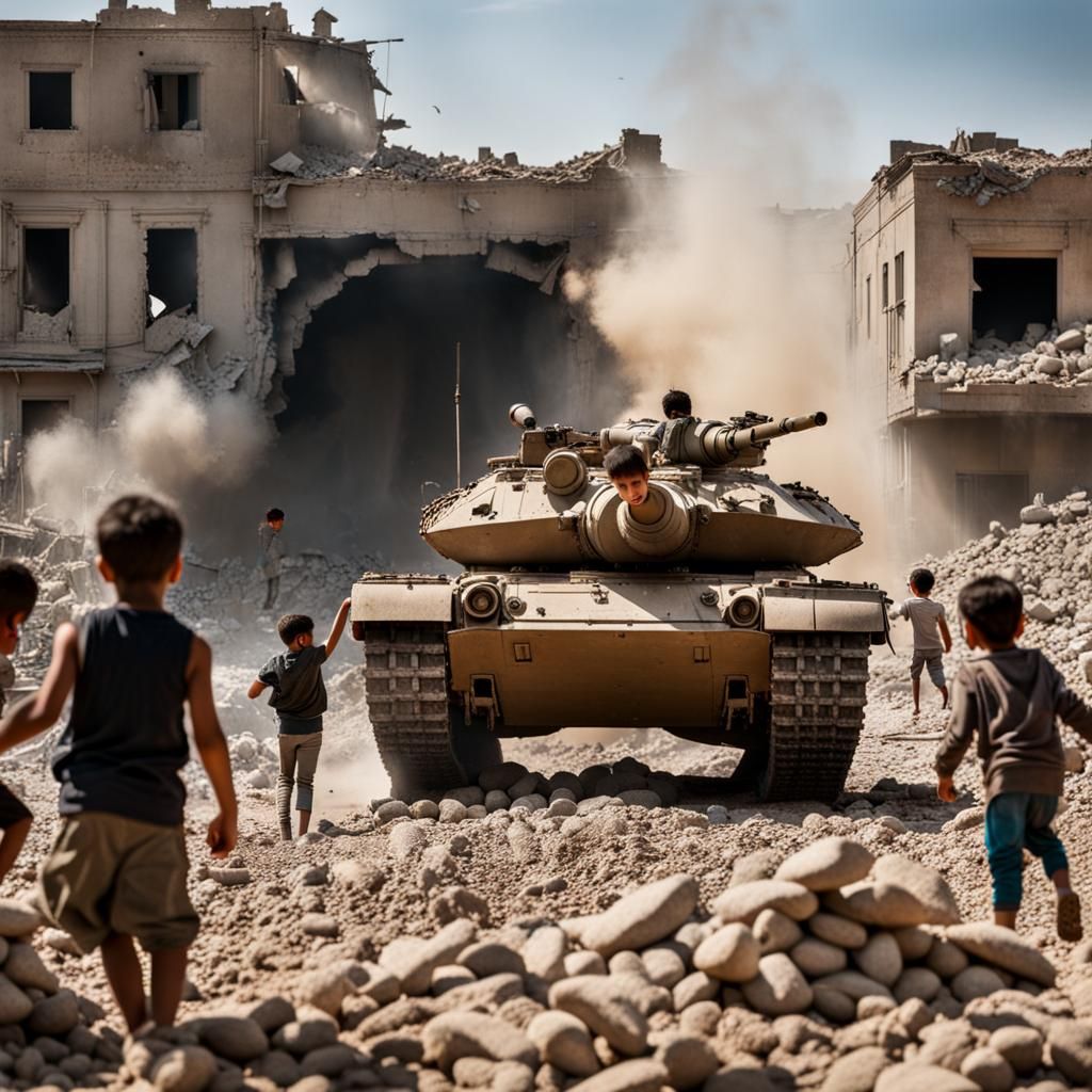 Children Defend Ruins Against Tanks With Stones