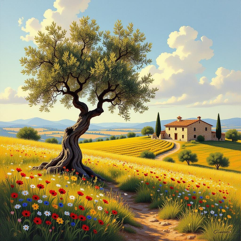 Olive Tree on Tuscan Hillside in Golden Light