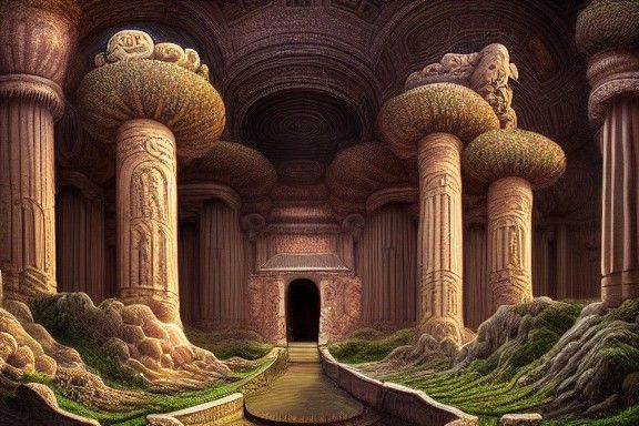 Fungal Hand Temple in Pre-Raphaelite Sci-Fi Style