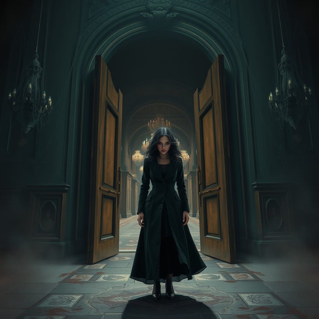 Woman Enters Mysterious Mansion in Gothic Futurism Style