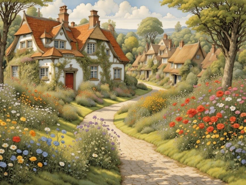 Charming Countryside Village Scene in Morning Light