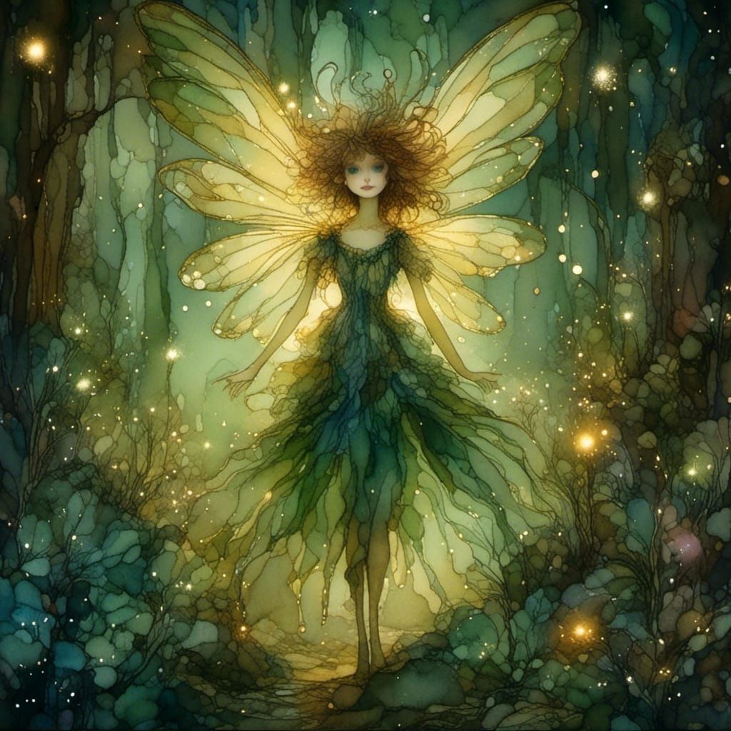 a unique and expressive fairy, wild hair, green eyes and a c...