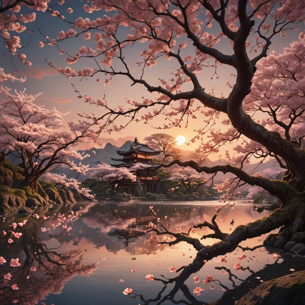 Cherry Blossom Sunset: Detailed Matte Painting in Japan