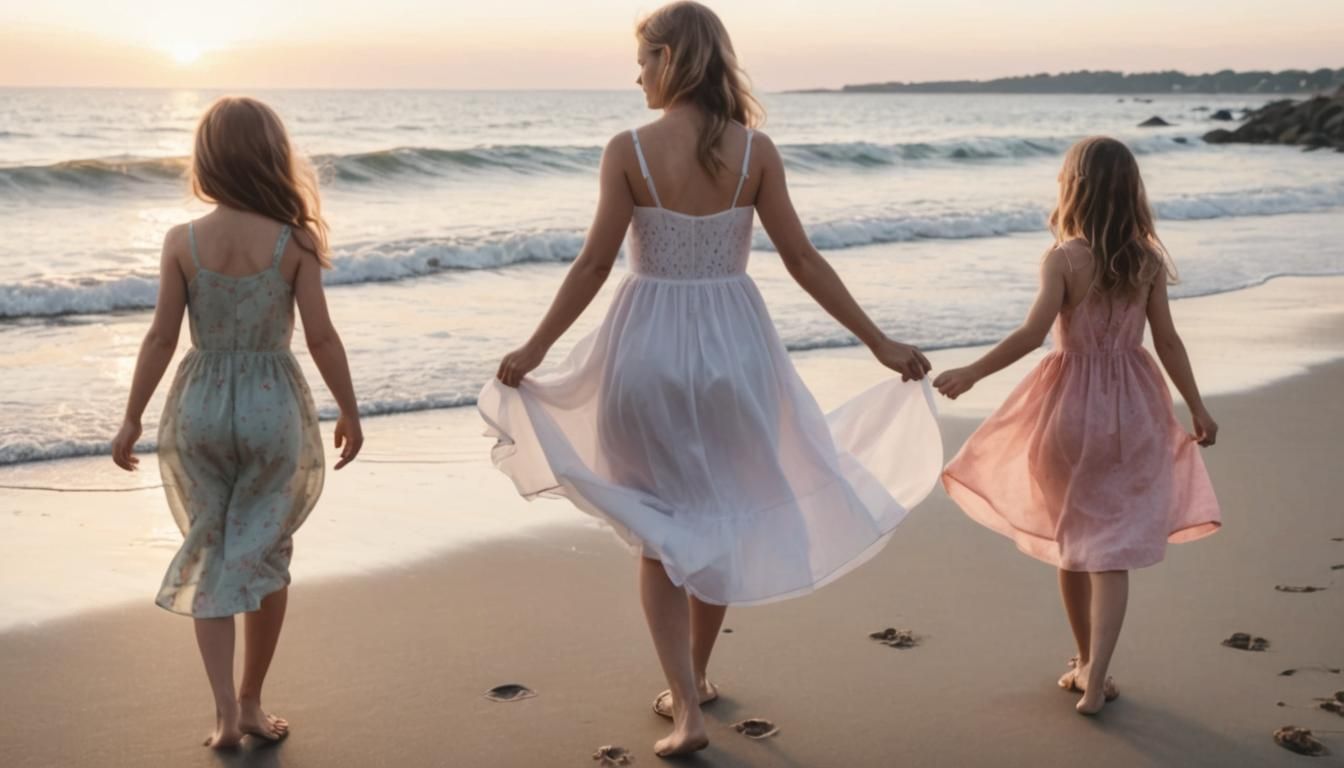 Girl with Aunts Walking on Beach at Sunset