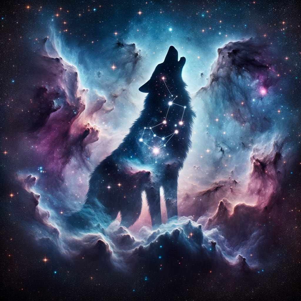Celestial Wolf Howling in Starry Nebula
