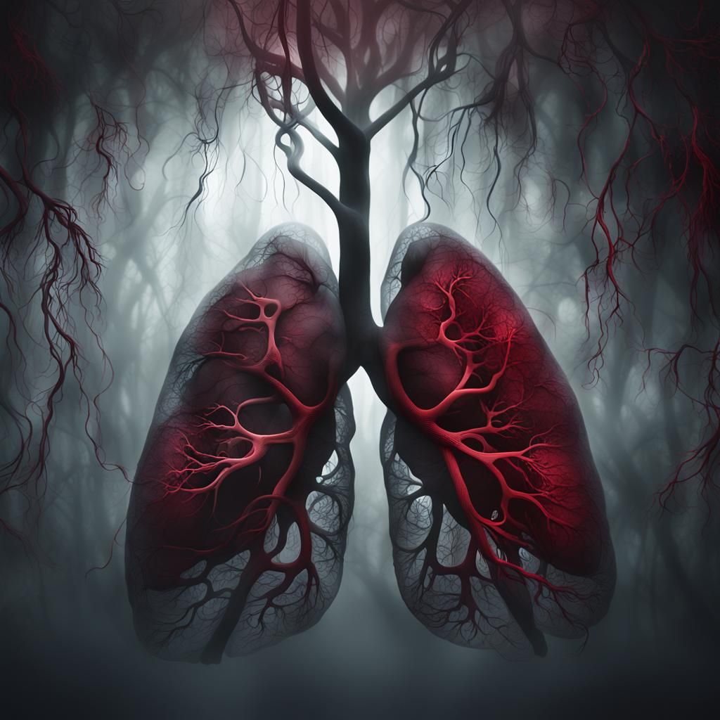 Human Lungs Floating in Misty Dark Environment