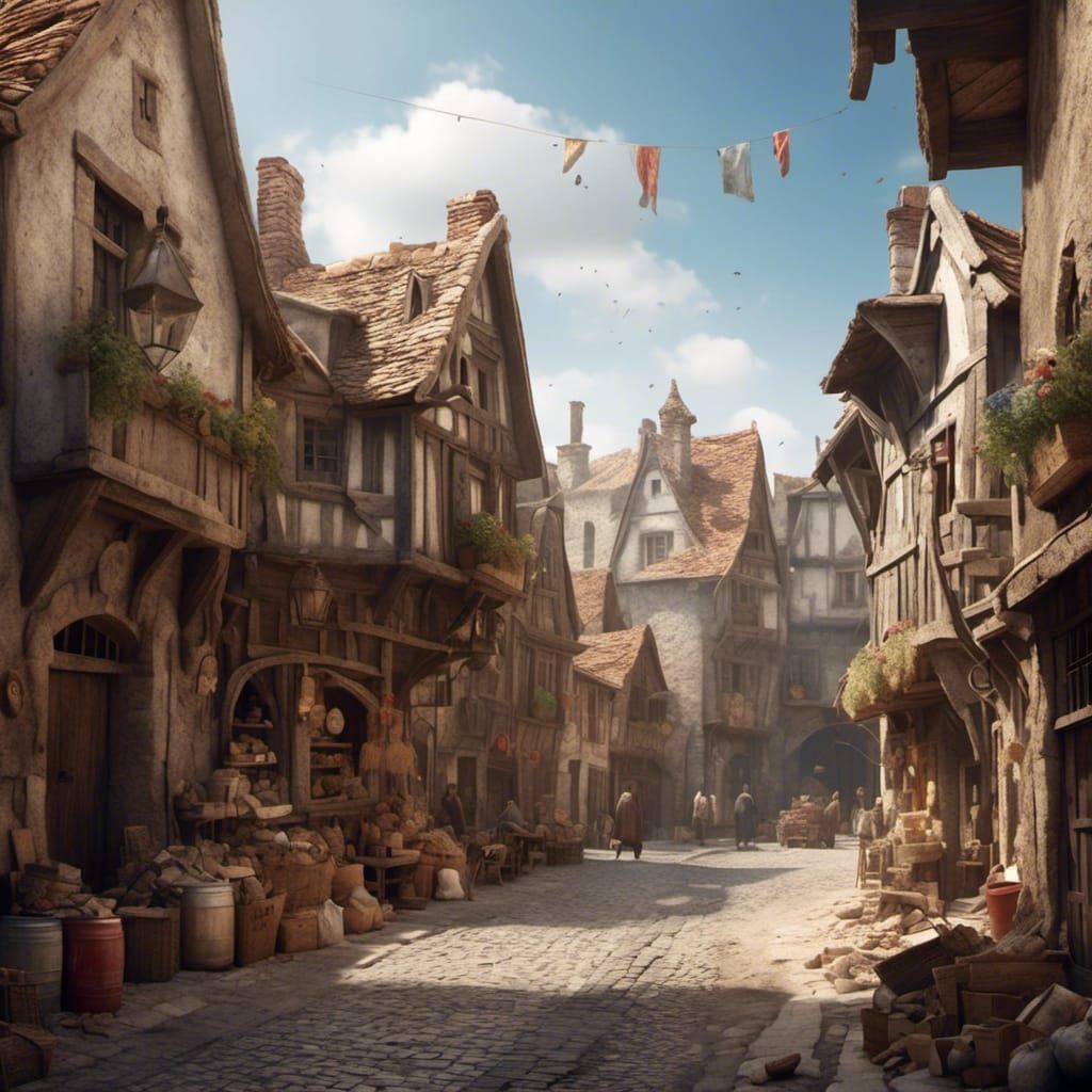 Hyperrealistic Medieval City Street Scene