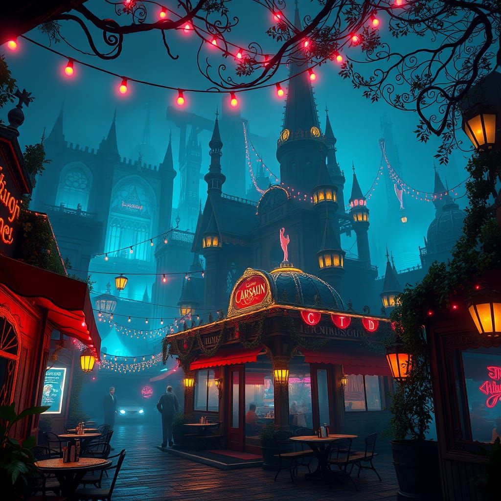Surreal Night Cafe Scene in Cyberpunk Fantasy Style