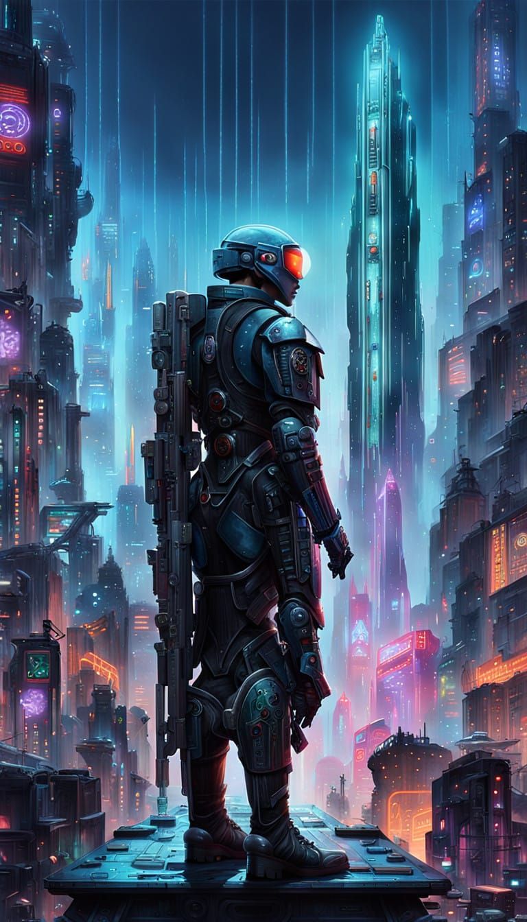 Cyberpunk Warrior in Heavy, Futuristic Armor