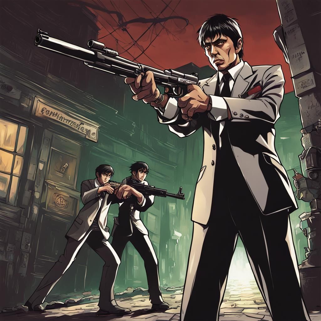 Tony Montana vs Monsters in Anime Style