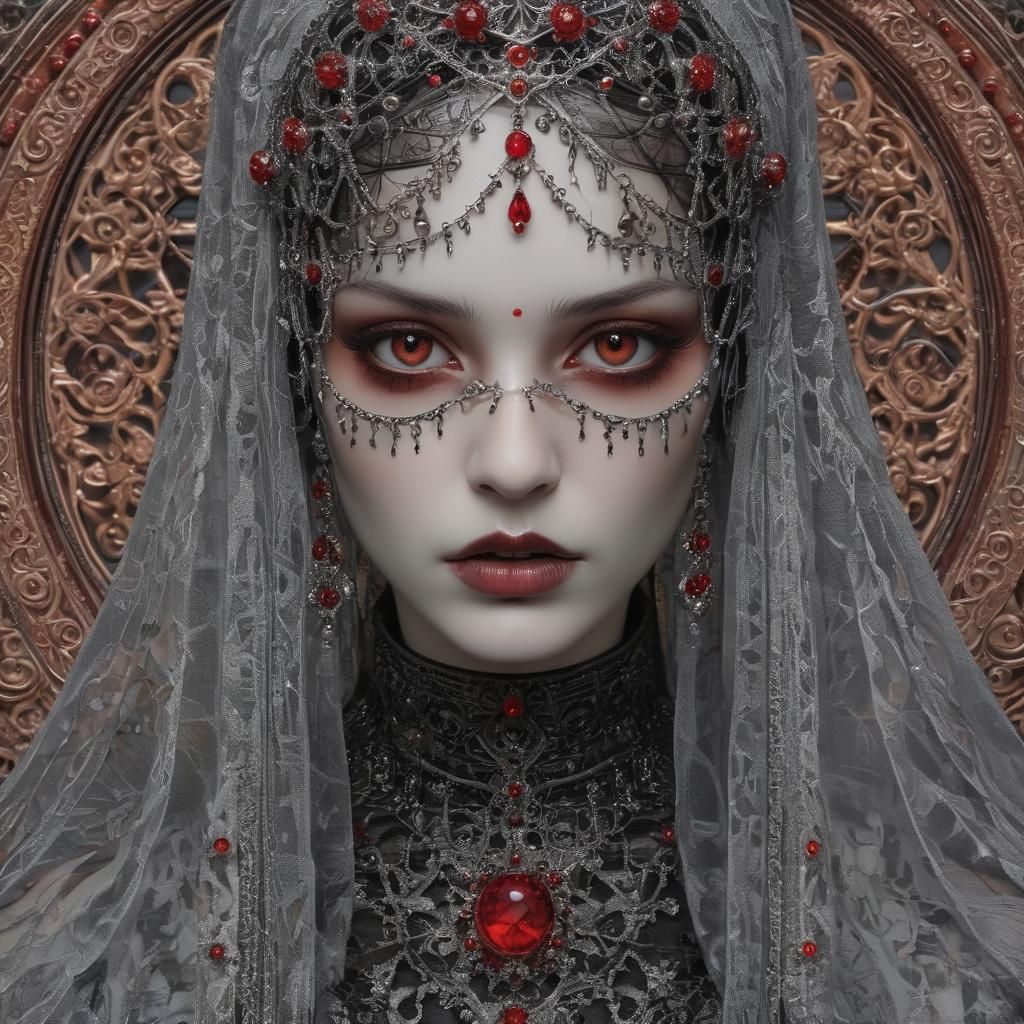 Gothic Veiled Woman with Red Eyes