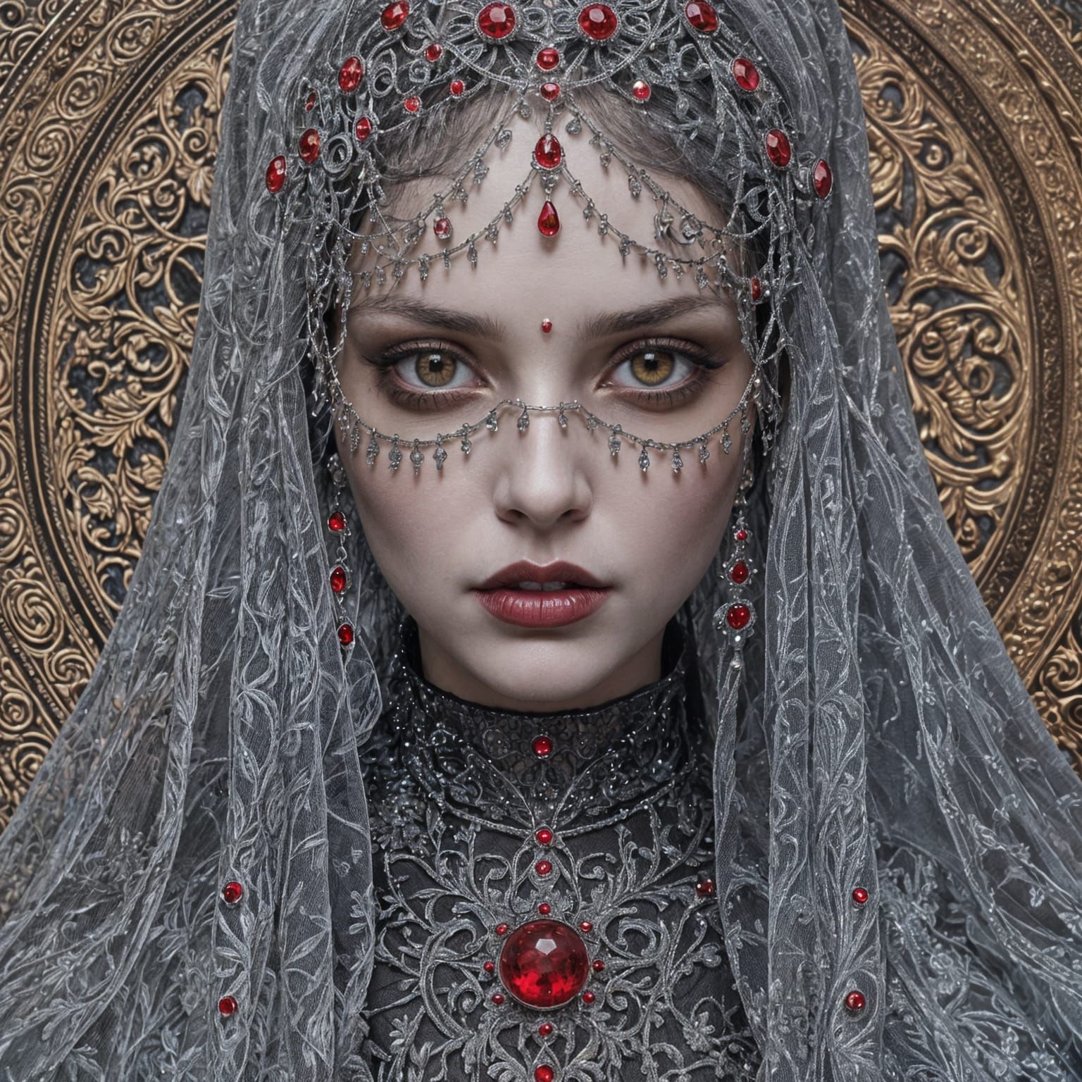 Gothic Woman with Red Eyes in Red Globe