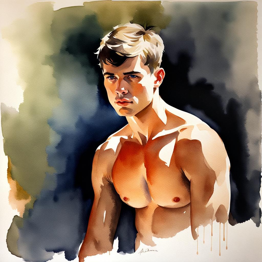 Watercolor Portrait of Shirtless Young Man