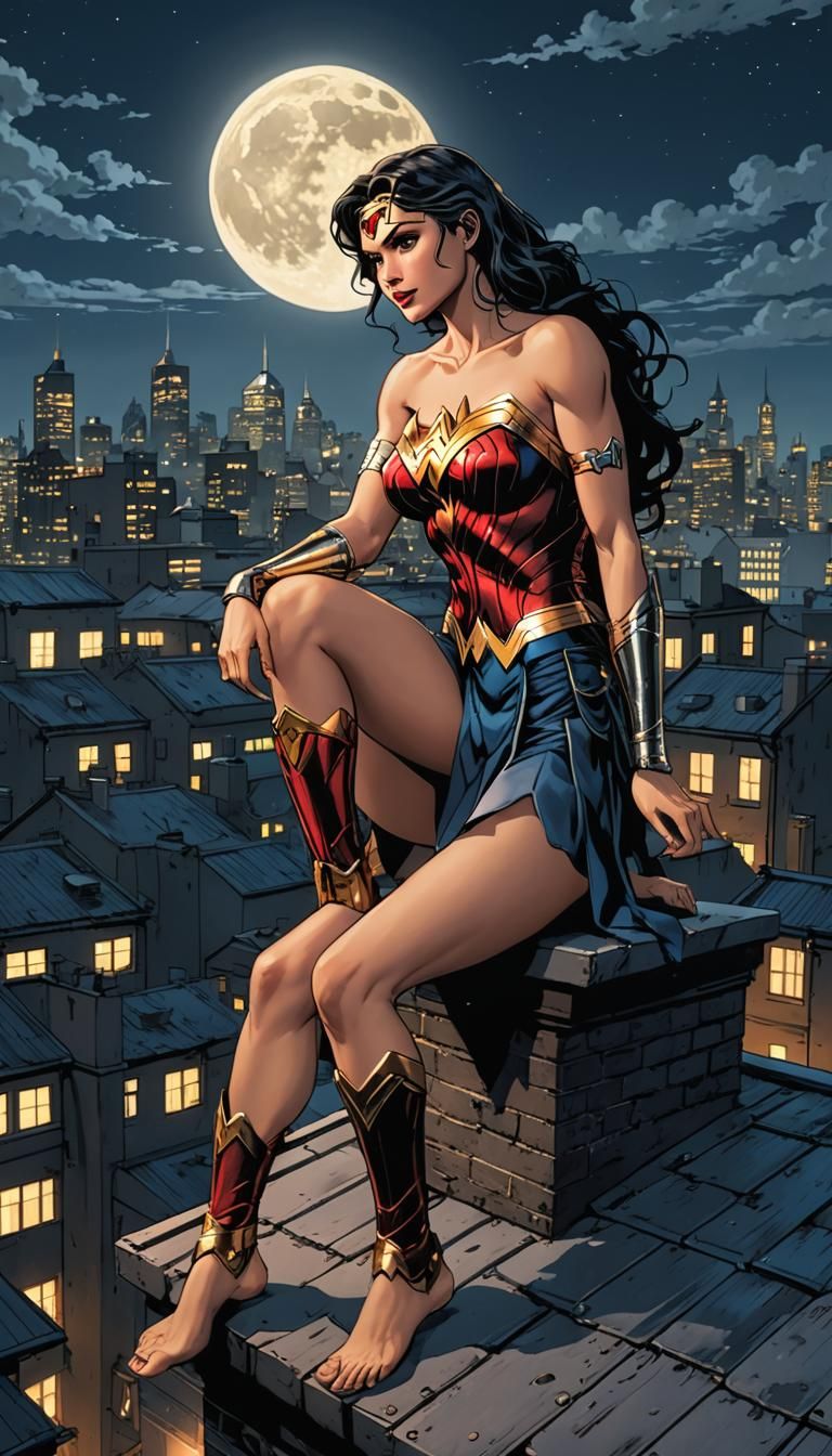 Wonder Woman Barefoot on Gotham Roof in Anime Style