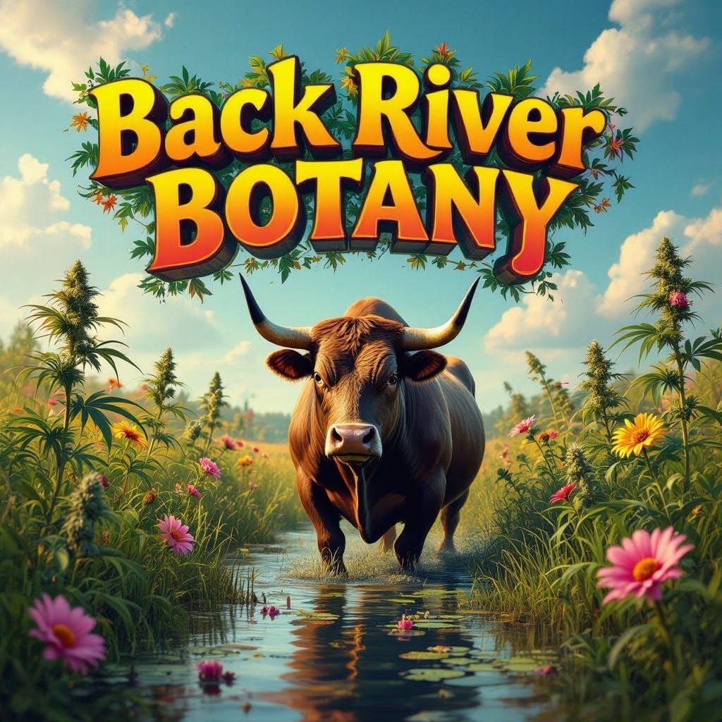 Psychedelic Digital Logo with Bull and Cannabis Blooms