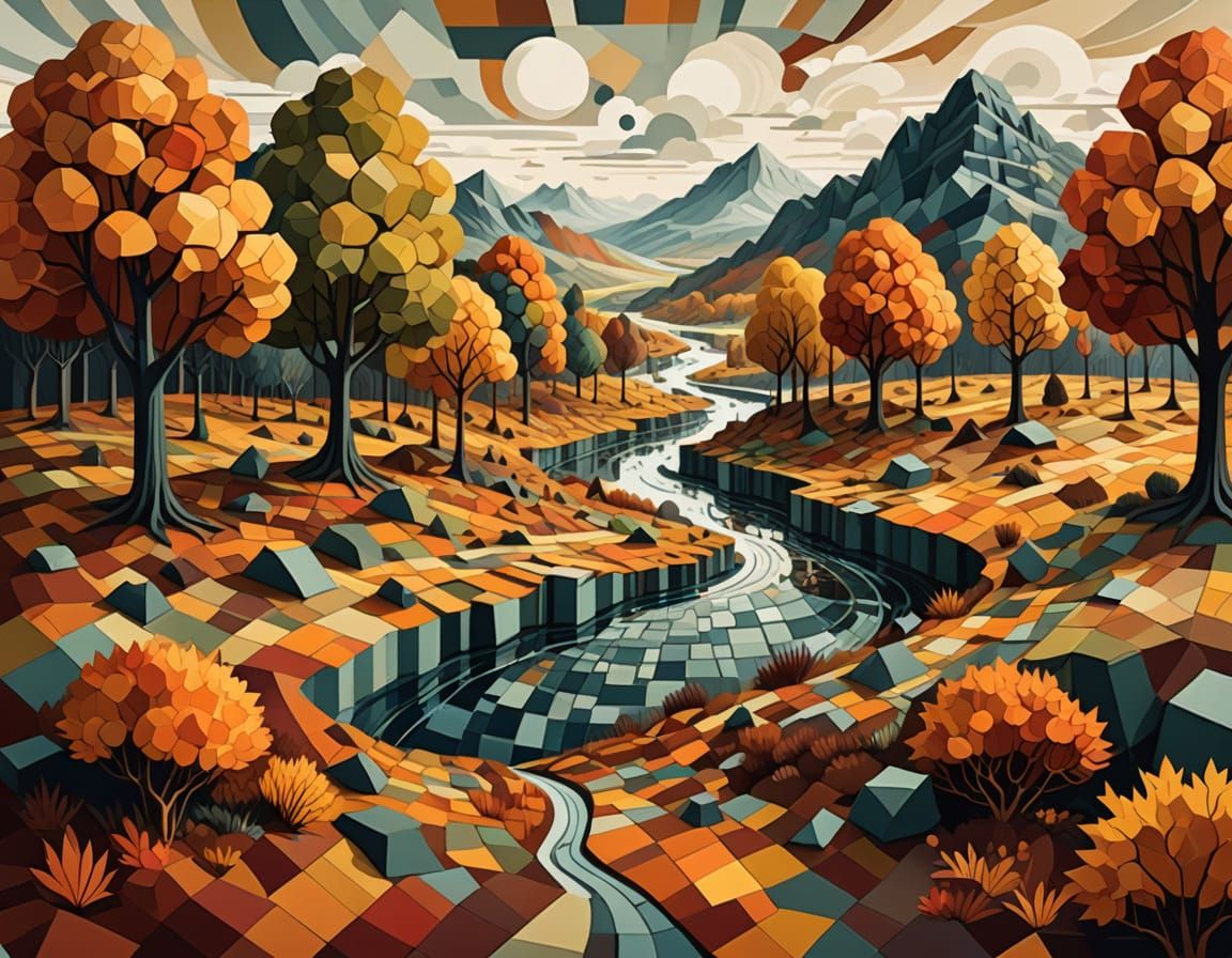 Geometric Autumnal Landscape in Flat Style