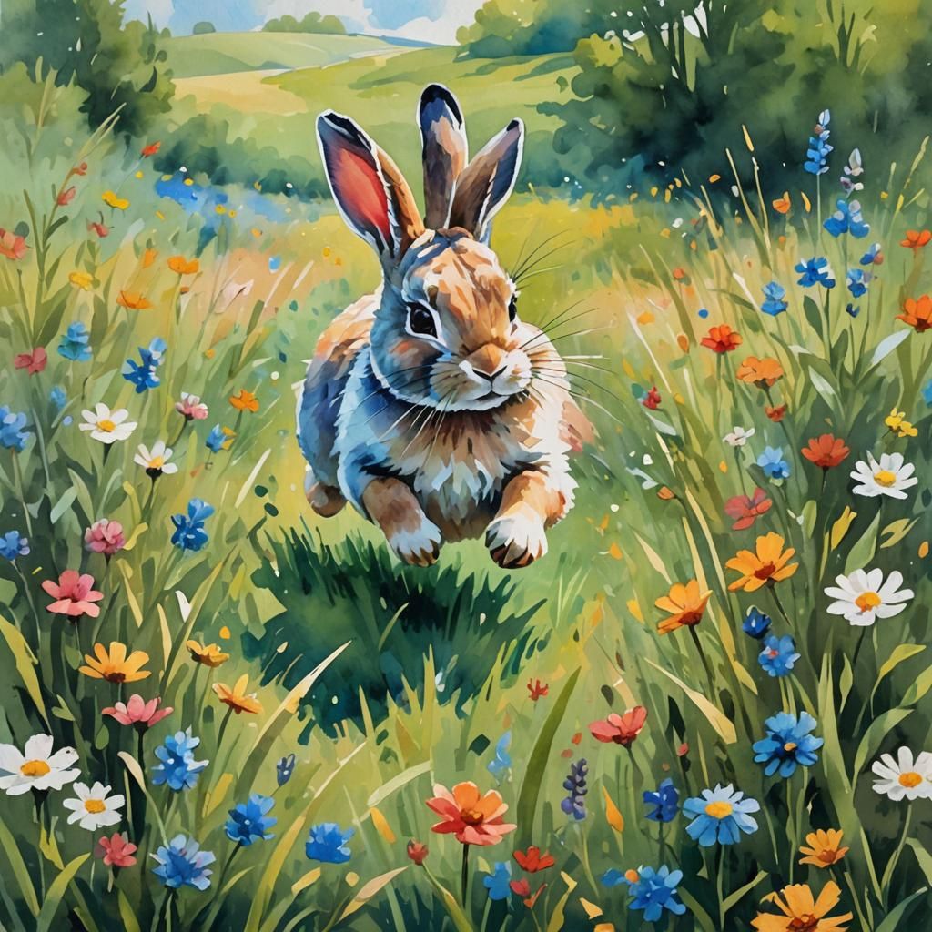 Bunny's Meadow Frolic in Gouache Watercolor Style