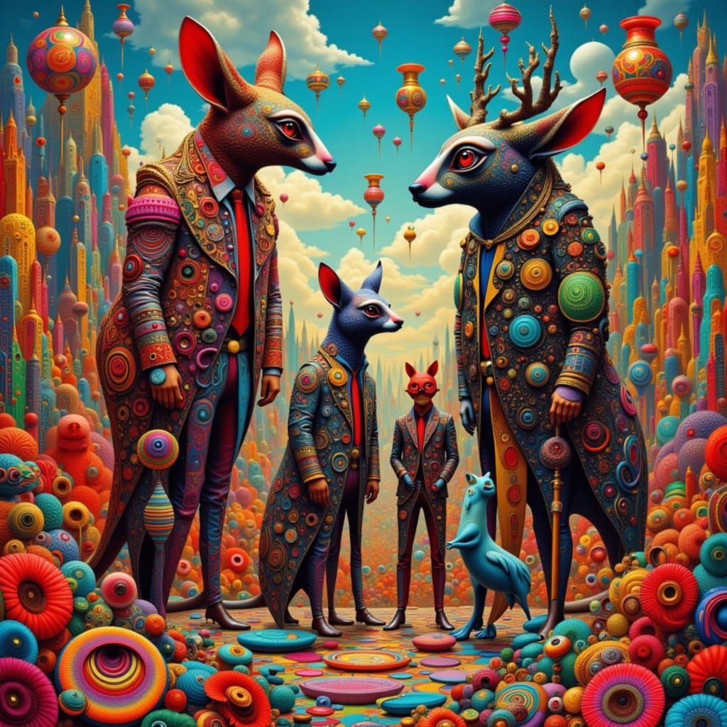 Psychedelic Punk Critters in Surreal Landscape