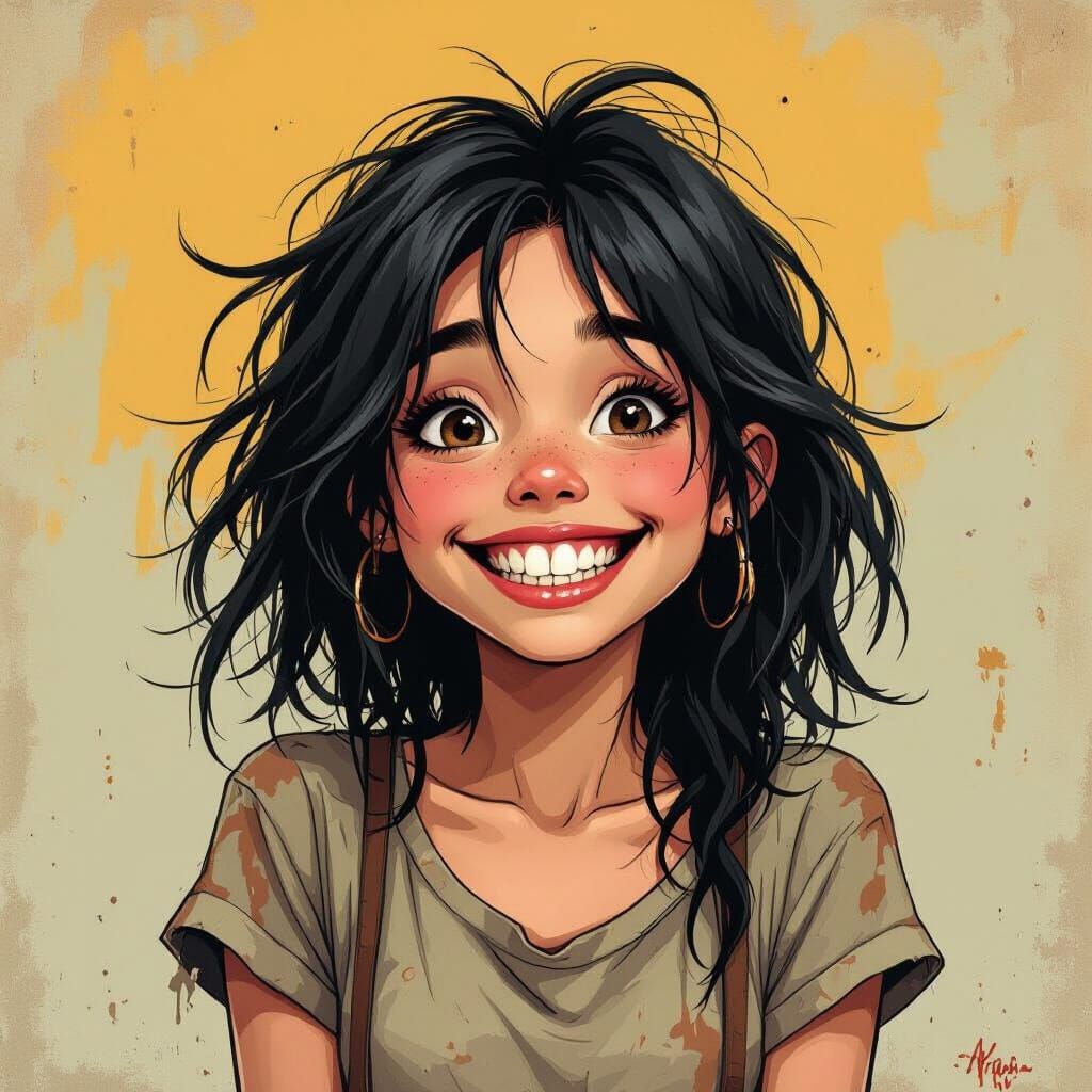 Disheveled Girl with Goofy Smile, Gritty and Vibrant Art