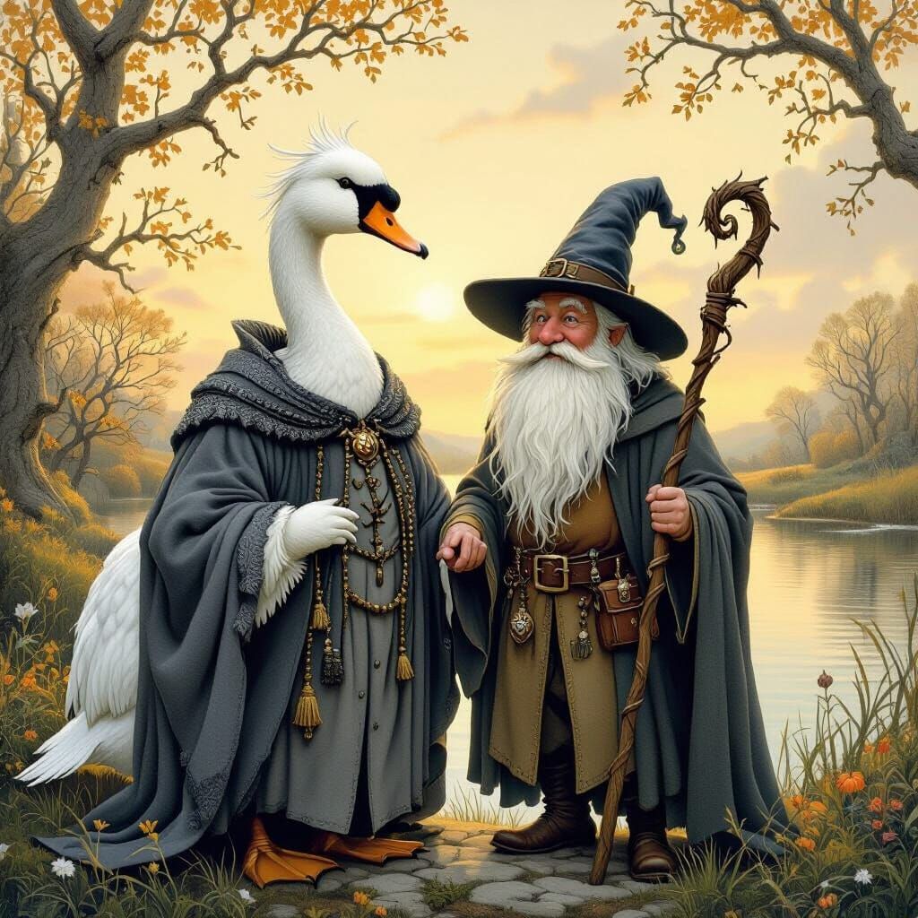 Wizard and Swan in Fairy-Tale Landscape