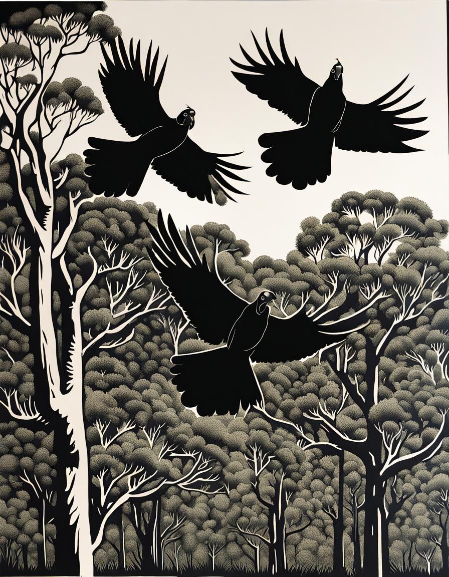 Black Cockatoos Soaring: A Linocut Relief Print
