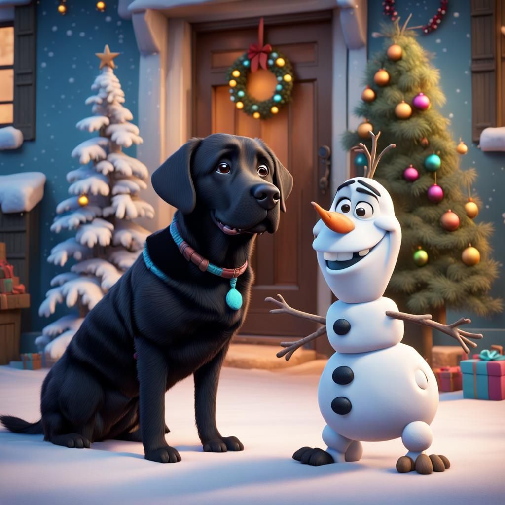 Black Labrador and Olaf Celebrate Christmas: 3D Digital Art