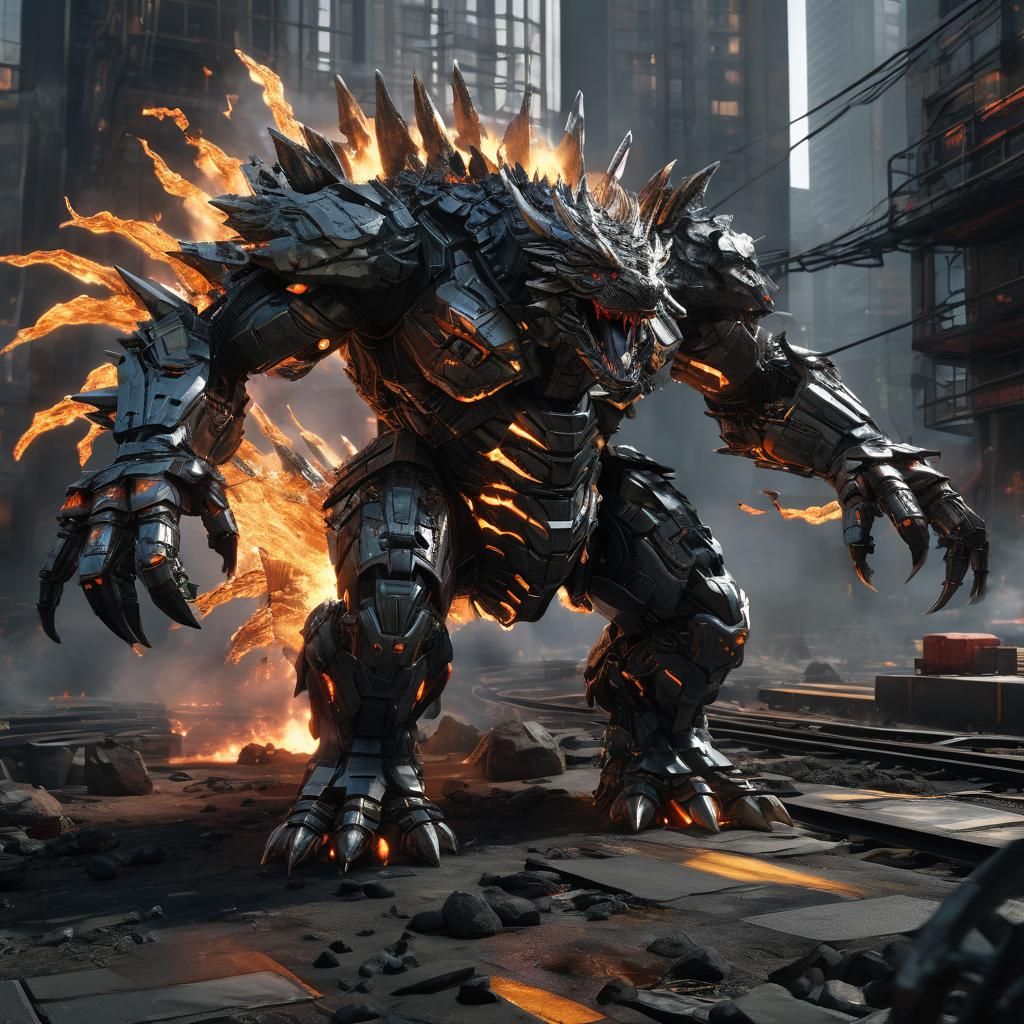 Flaming Mecha Godzilla in Cinematic Sci-Fi Style