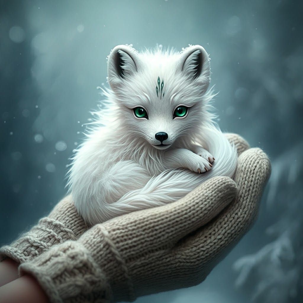 Arctic Fox Kirin in Hand: Whimsical Illustration