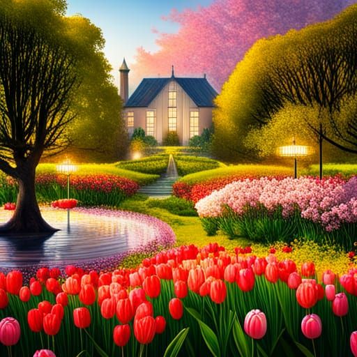 Romantic Garden with Cherry Blossom Tree