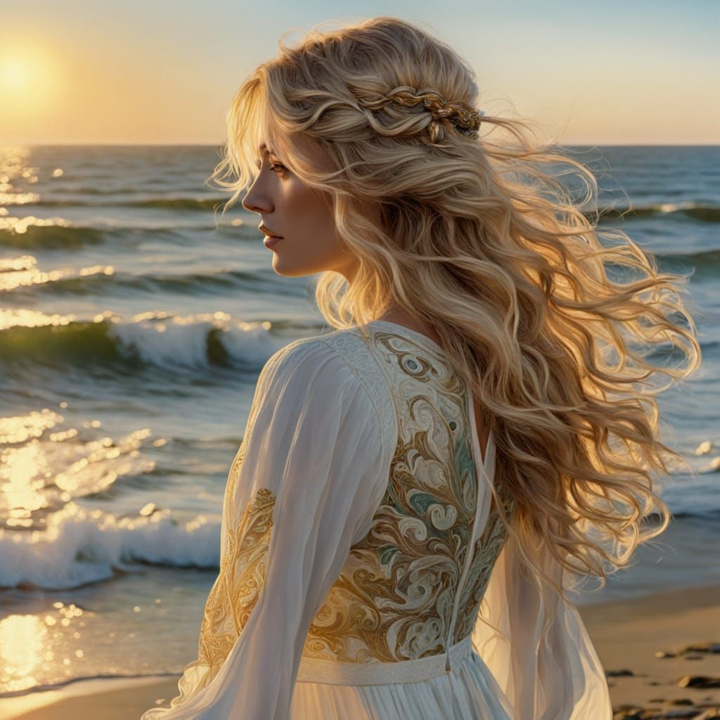 Art Nouveau Woman on Sun-Drenched Seashore at Golden Hour