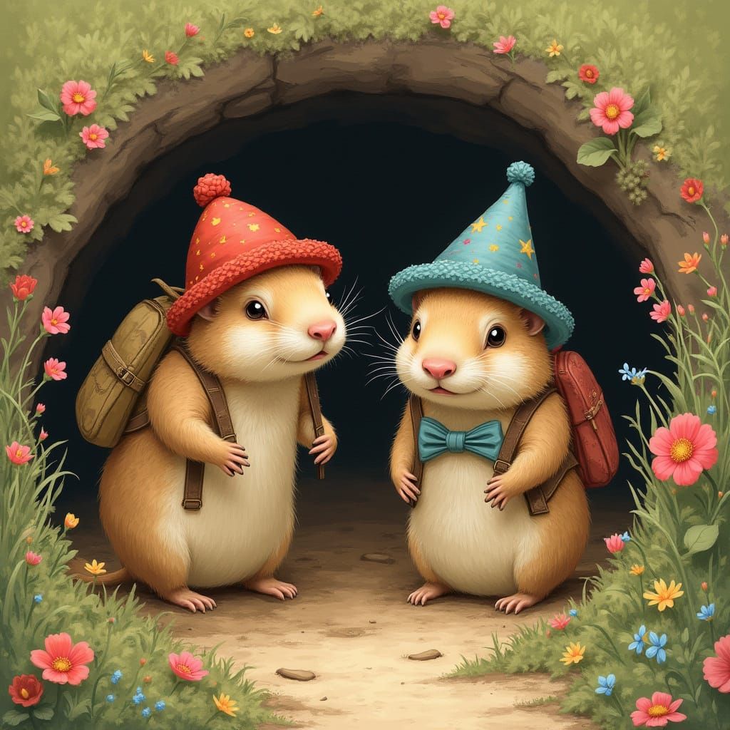 Gophers Hiking in Burrow, Beatrix Potter Style