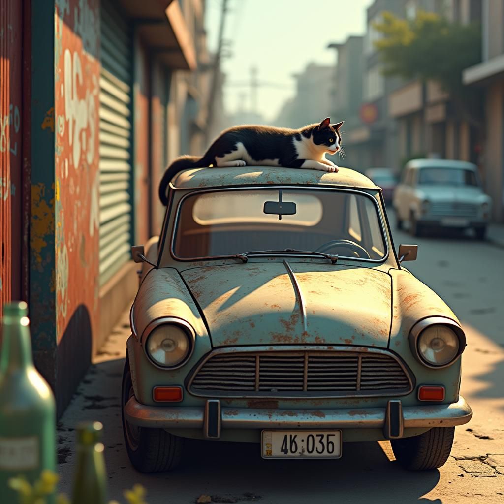 Cat on Car: 3D Anime Style Urban Scene