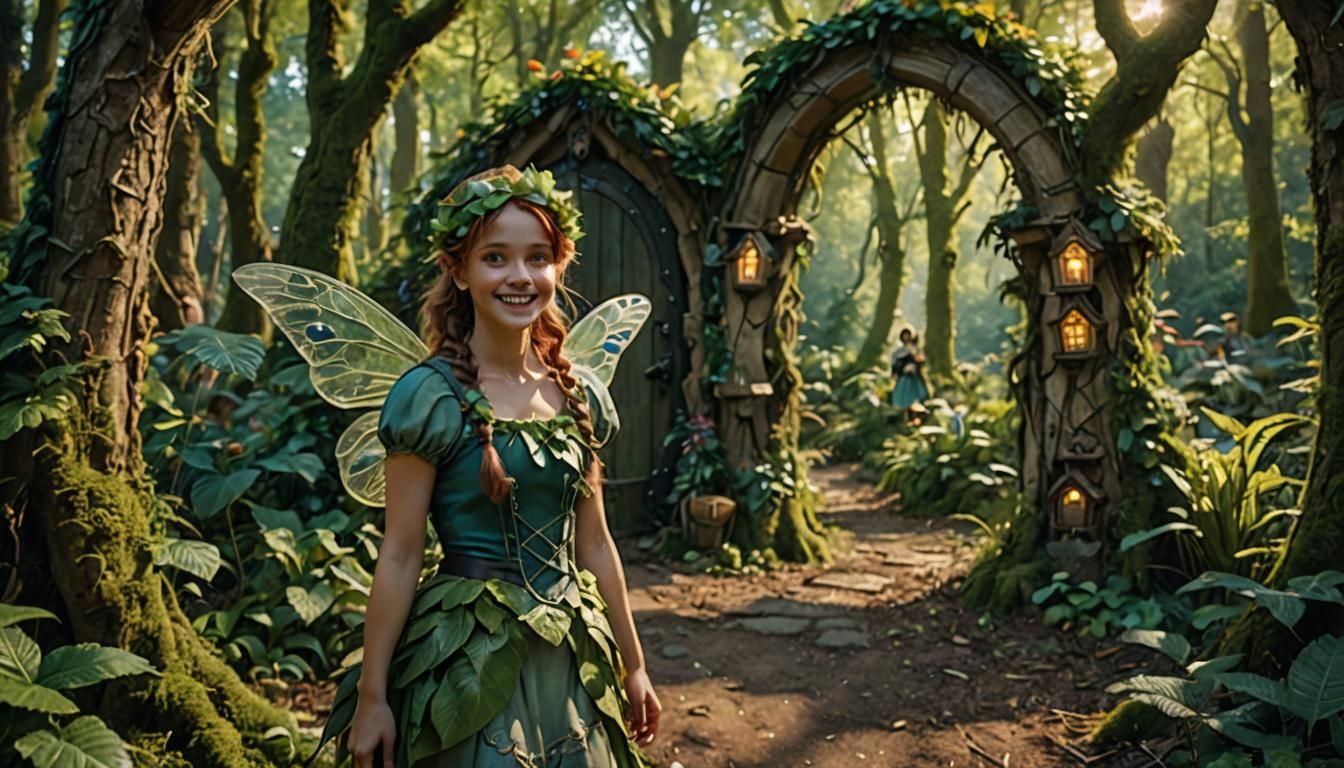 Smiling Fairy Girl at Forest Village Entrance