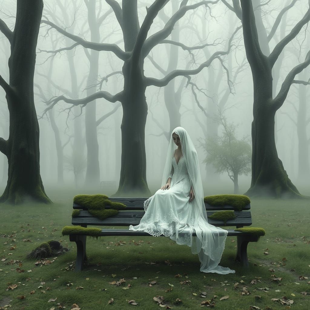 Ethereal Ghostly Woman Sits in Misty Wooded Park