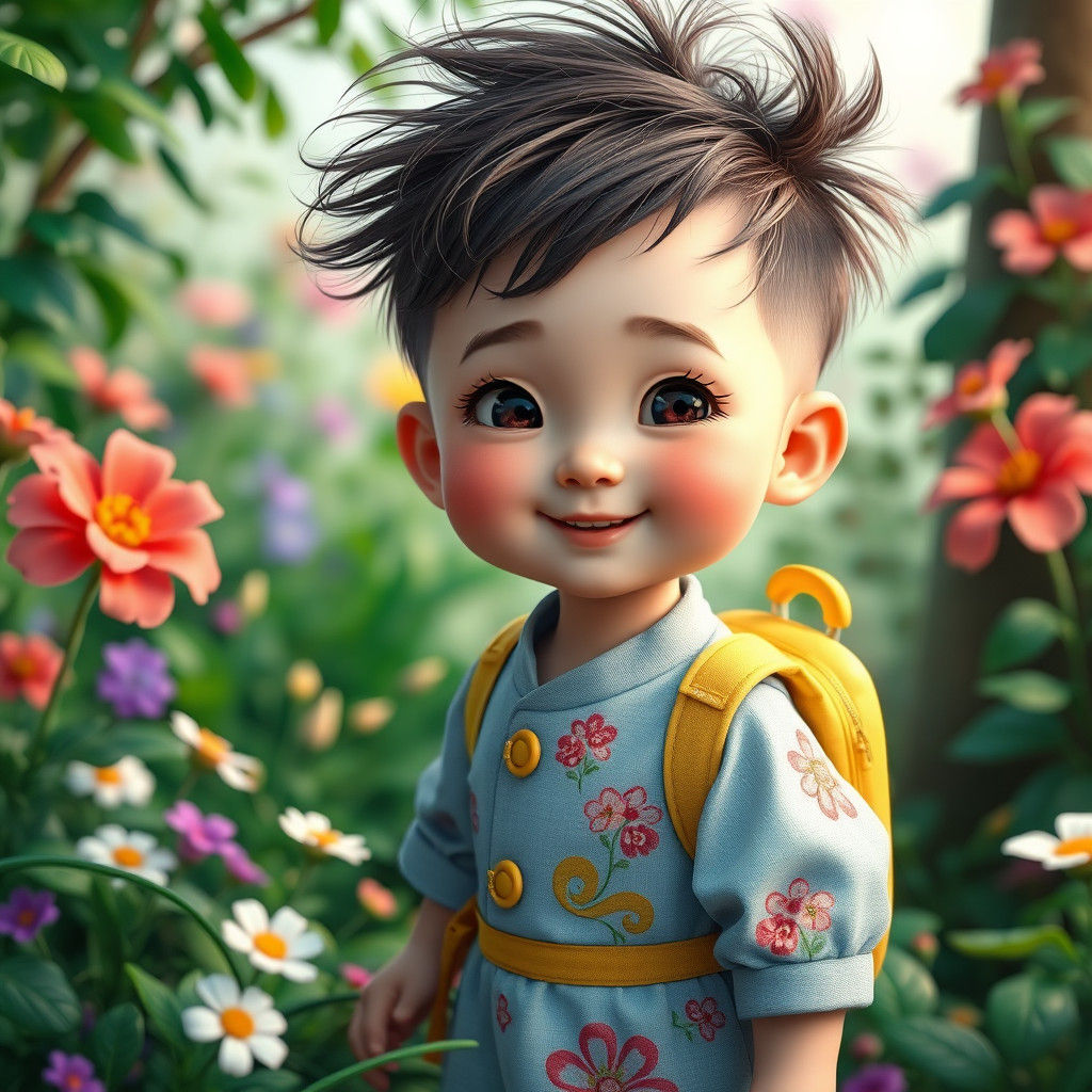 Whimsical Chinese Girl in Lush Garden, Ornate Art Style