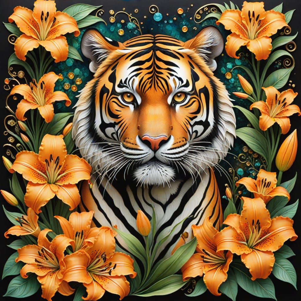 Tiger in Vibrant Summer Garden