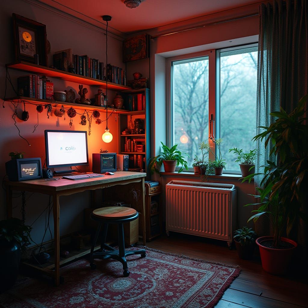 Japanese Post-Cyberpunk Study Room with Neon Lighting