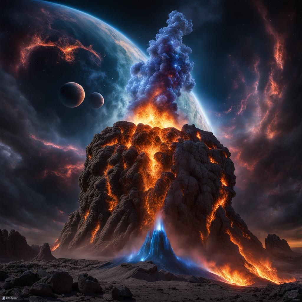 Bioluminescent Fire Golem in Cosmic Space Volcano