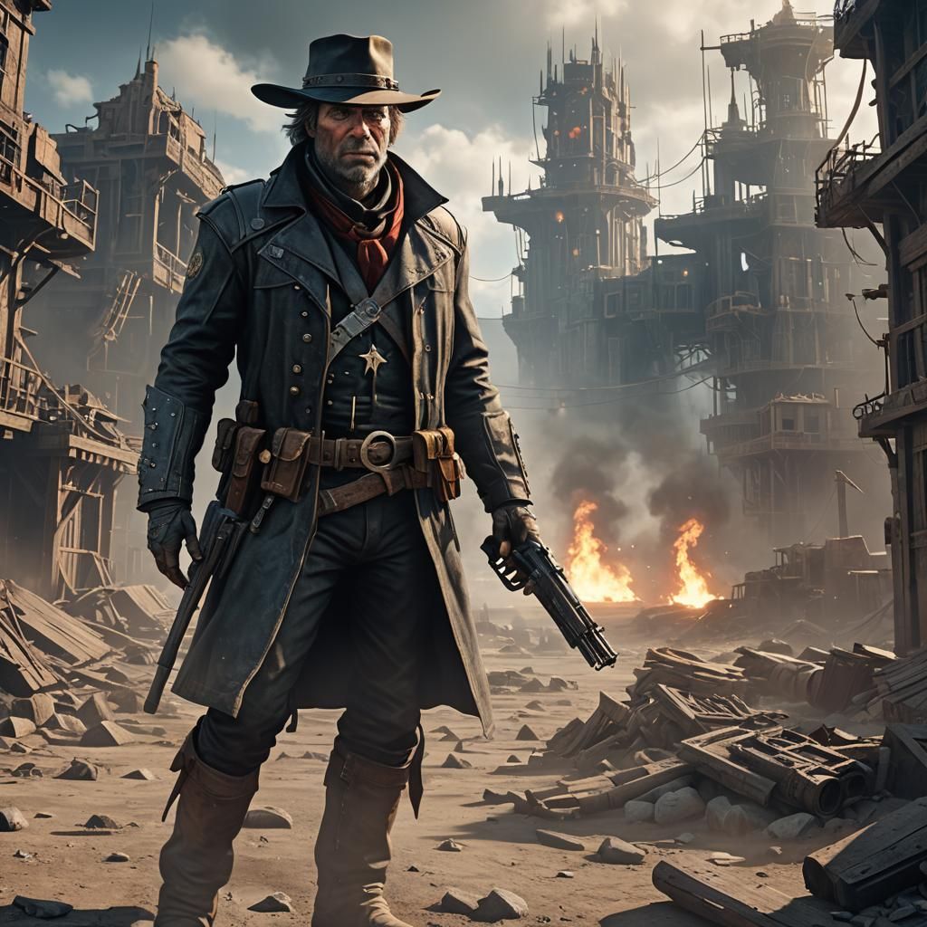 Futuristic Gunslinger in Dystopian Landscape: 3D Game Art