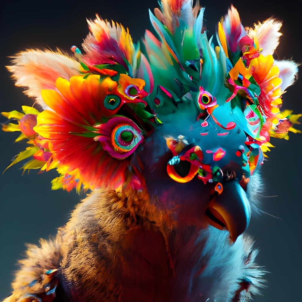 Elaborate Parrot Cat with Flowers: Fantasy Art